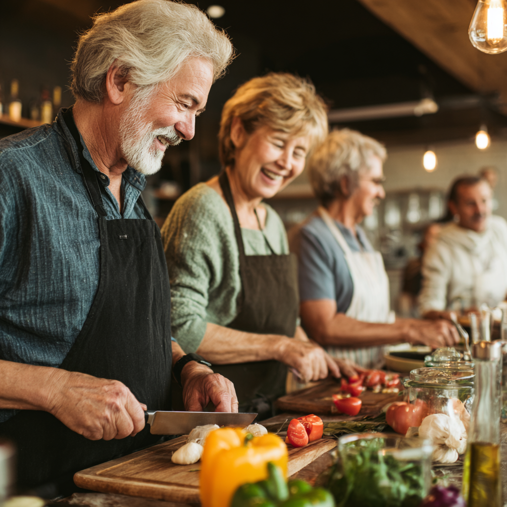 Group of satisfied middle-aged clients preparing healthy meals together