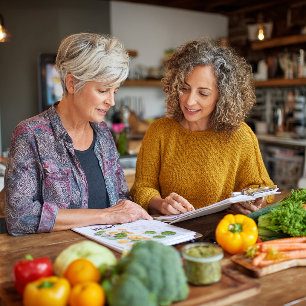 Nutritionist consulting with middle-aged woman about healthy meal planning