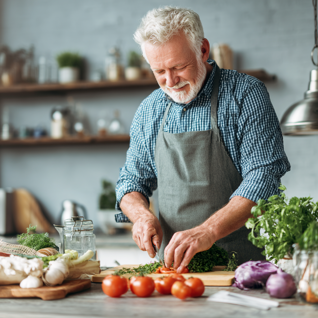 Senior man preparing healthy meal using personalized nutrition plan